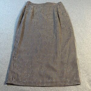 Nancy Johnson Vintage 100% Silk Houndstooth Midi Pencil Skirt Navy Cream Size 8